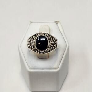 Shube Sterling Silver Black Onyx Oval Cabochon Ring Size 10.75 Filigree Vintage